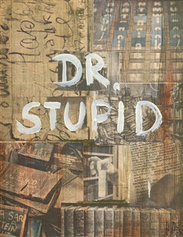 Dr. Stupid
Acrylic & Collage on Cardboard Box with Canvas
20" x 16"