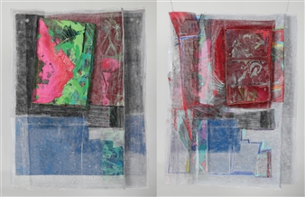 Parasitic Universe 1
Acrylic paint, printing, sewing on the mesh, oil pastel
42" x 25" x 4"