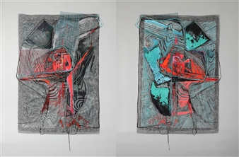 Messenger 4
Acrylic paint, printing, wire, sewing on the mesh
42" x 28" x 2.5"