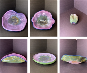 Dale Chihuly - Lavendar Pink and Blue set with Cerulean Blue Lip Wrap
Glass bowls
11.5" x 3.5" x 8"