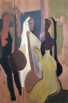 Figures with Sitars,  (after Maqbool Hussain)
Oil on Board
54" x 36"