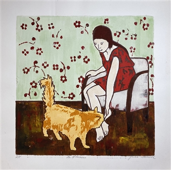 A Girl and a Cat
Woodcut print
15" x 15"